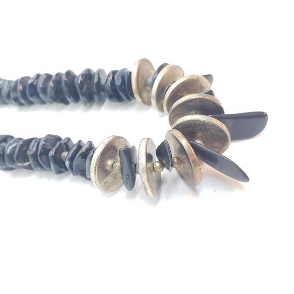 Chunky Black Onyx Statement Necklace Metal Discs Spikes Silver Plated Beads Boho - Picture 10 of 14